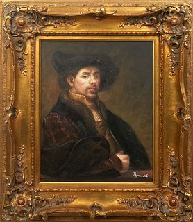 After Rembrandt (Netherlands, 1606-1969), "Self-Portrait at 34," 20th c., oil on canvas, signed indistinctly lower right, presented in a gilt frame, H