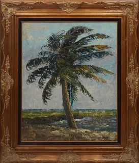Elina, "Palm Tree in the Wind," 20th c., oil on canvas, signed lower left, presented in a gilt frame, H.- 29 3/4 in., W.- 23 5/8 in., Framed H.- 40 1/