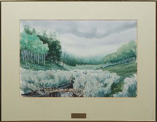 Bob Hanselmann (American), "Aspen Meadow," c. 1980, watercolor on paper, pencil signed lower right, presented in a metal frame, H.- 16 in., W.- 24 in.