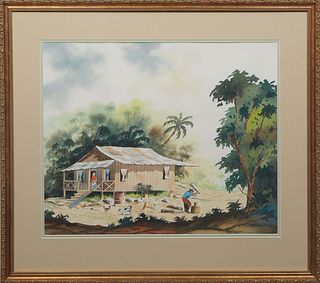 Wence Slao, "Man Chopping Firewood in a Tropical Landscape," 1981, watercolor on paper, signed and dated lower right, presented in a blush pink mat an