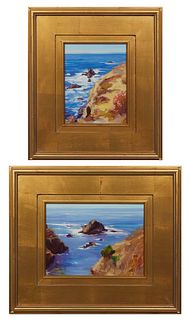 Beverly Dennis (American), "Seaside Garden Path," "Pacific Blue," 20th c., pair of oils on masonite, each presented in gilt frames, H.- 8 3/8 in., W.-