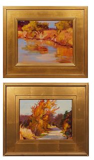 Beverly Dennis (American), "Autumn Roads," and "Reflections," 20th c., pair of oils on masonite, each signed en verso, each presented in gilt frames, 