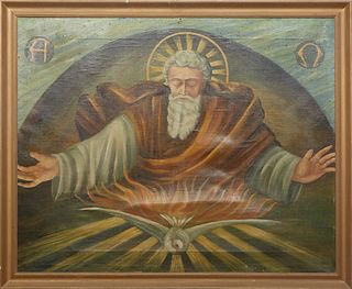 Continental School, "The Eternal Father, Alpha and Omega," 20th c., oil on canvas, unsigned, presented in a wood frame, H.- 28 3/4 in., W.- 35 3/4 in.