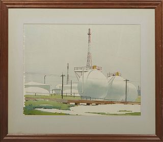 Andrew Lang (American/Louisiana), "Oil Storage Tanks," c. 1956, watercolor, signed and dated lower left, presented in a wood frame, H.- 15 3/4 in., W.