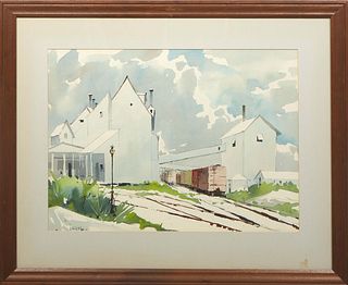 Andrew Lang (American/Louisiana), "Railroad Cars," c. 1956, watercolor on paper, signed and dated lower left, presented in a wood frame, H.- 16 in., W