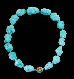 Turquoise Nugget Necklace, 20th c., with seventeen graduated nuggets, with a gold-tone clasp mounted with nine small cabochon turquoise stones, L.- 21