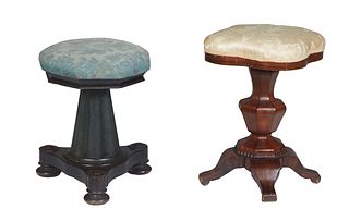 Two American Classical Adjustable Piano Stool, late 19th c., one with a square cushioned top, on a hexagonal urn support to four splayed legs, in crem