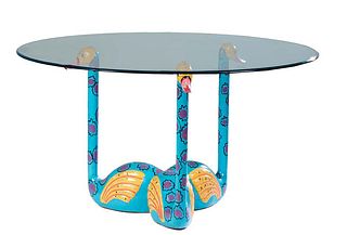 Contemporary Carved Polychromed Wood Glass Top Swan Table, 20th c., by YAYA, New Orleans, the rounded edge glass top on three colorfully painted wood 
