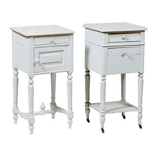 Two French Louis XVI Style Polychromed Beech Marble Top Nightstands, 19th c., one with a dished white marble over a frieze drawer and a pot cupboard, 