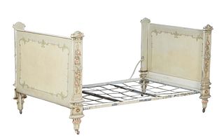 French Provincial Empire Style Folding Iron Bed, late 19th c., the arched hand painted iron curved head and foot board, within iron floral relief supp