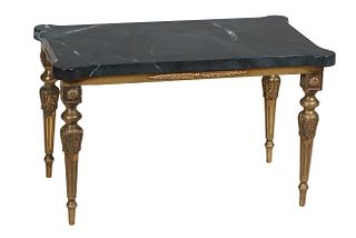 French Gilt Bronze Louis XVI Style Coffee Table, 20th c., the ogee edge cookie corner figured dark green marble, over a leaf relief skirt, on tapered 