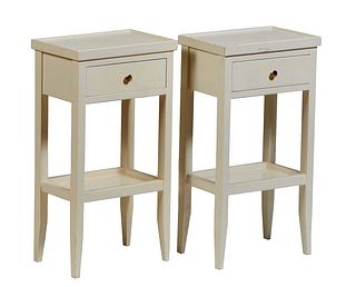 Pair of French Polychromed Beech Nightstands, 20th c., the galleried top over a frieze drawer, on tapered square legs, H.- 24 1/2 in., W.- 13 in., D.-