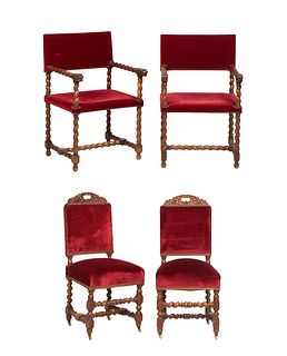 Two Pair of Louis XIII Style Carved Chairs, consisting of a pair of beech fauteuils, the canted upholstered back over dragon head arm terminals, flank
