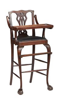 English Carved Mahogany Chippendale Style High Chair, early 20th c., the serpentine crest rail over a pierced curved back splat, flanked by two arms h