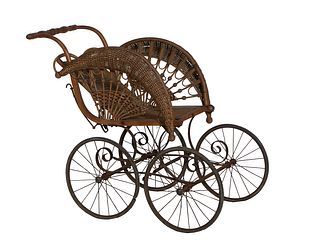 American Woven Wicker and Bentwood Stroller, late 19th c., with a metal nameplate "The Heywood," possibly by the Heywood brothers, on large rubber tre