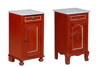 Near Pair of Louis Philippe Style Polychromed Beech Nightstands, 20th c., one with a bowfront figured white marble over a frieze drawer and a long cup