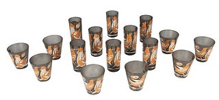Set of Sixteen George Briard Gilt and Enamel Decorated Glassware, 20th c., consisting of eight tumblers and eight rock glasses with bird decoration, T