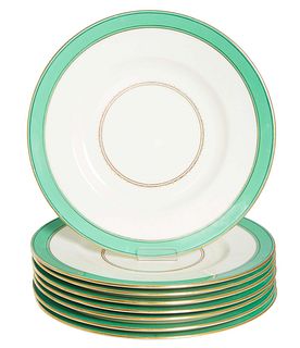 Set of Eight Minton's Dinner Plates, early 20th c., for Higgins and Seiter, New York City, with gilt rims and a green banded border, H.- 3/4 in., Dia.