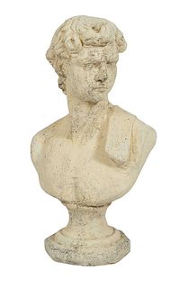 After Michelangelo, "Bust of David," 20th c., cast stone, on an integral octagonal base, H.- 22 in., W.- 12 in., D.- 9 in