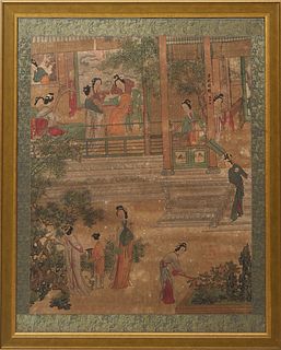 Chinese School, After Jin Cheng (Chinese, 1878-1926), "Spring Morning in the Han Palace," watercolor and ink on paper, mounted on scroll with fabric b