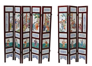 Chinese Eight Panel Mahogany Table Screen, 20th c., each panel having two polychrome figural painted tiles and five blue floral decorated tiles, all o