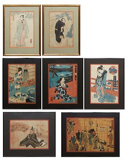 Seven Japanese Woodblock Prints, by Utagawa Kunisada (Japanese, 1786-1864), Yoshikaga (Japanese), and Utagawa Toyokuni (Japanese, 1769-1825), consisti