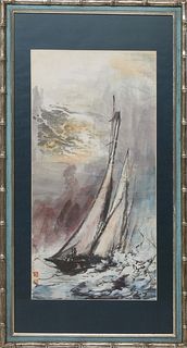 Japanese School, "Sailboats," 20th c., watercolor and ink on paper, stamped lower left, presented in a silk mat and silvered faux bamboo frame, H.- 26