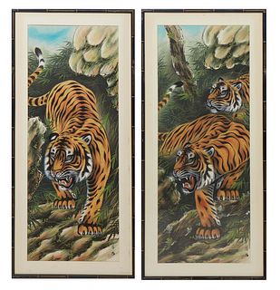 Chinese School, Pair of Tiger Paintings on Silk, each presented in matching white mat and plastic faux bamboo frame, H.- 43 in., W.- 16 3/4 in., Frame
