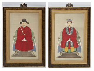 Pair of Chinese Ancestral Portraits, gouache on paper, unsigned, both presented in matching painted frames with Oriental hanging attachments on top, H