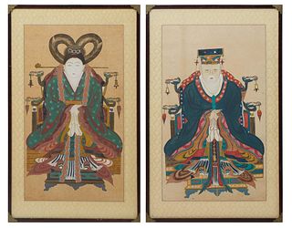 Chinese School, Pair of Chinese Ancestral Portraits of an Old Man and Woman, early 20th c., gouache on paper, unsigned, presented in a matching silk m