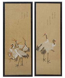 Japanese School, Pair of Japanese Crane Watercolors, watercolor and ink on paper, with inscriptions on both, each presented in black frames, H.- 38 1/