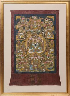 Tibetan Thangka Depicting Mandala of Samantabhadra Buddha and Other Deities of the Bardo, presented on a silk mat and gilt frame, H.- 40 1/2 in., W.- 