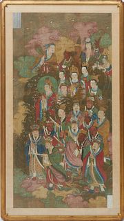Large Chinese Daoist Watercolor on Silk, presented in a gilt frame, H.- 50 1/4 in., W.- 27 1/4 in., Framed H.- 53 in., W.- 30 1/4 in.