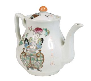 Diminutive Chinese Famille Rose Porcelain Teapot, 20th c., with enameled floral planter decoration, the underside with a red underglaze mark, H.- 6 1/