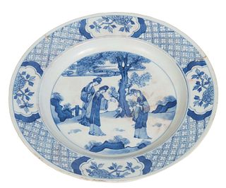 Chinese Blue and White Pocelain Plate, 20th c., with a crosshatch and floral banding, around women in a landscape, the underside with spurious blue si