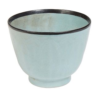 Chinese Celadon Crackleware Footed Bowl, 20th c., with a bronze rim, the sides with relief leaf decoration, to a flaring foot, H.- 5 in., Dia.- 6 3/8 