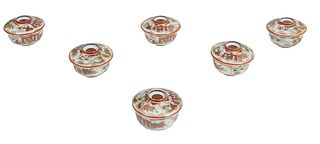 Set of Six Japanese Porcelain Covered Rice Bowls, 20th c., each of circular form with conforming footed cover, decorated in figural and landscape deco