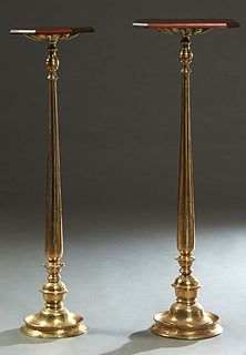 Near Pair of Mahogany and Brass Altar Candle Stands, late 19th c., one with a stepped octagonal mahogany top; the second with a stepped rectangular oc