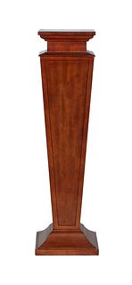 Contemporary Carved Mahogany Pedestal, 20th c., the stepped square top on a tapered square support, on a sloping stepped base, H.- 48 in., W.- 13 3/4 