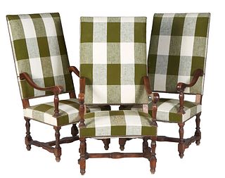 Set of Three Louis XIV Style Carved Walnut Fauteuils a la Reine, early 20th c., the rectangular high canted back over scrolled arms and a cushioned se