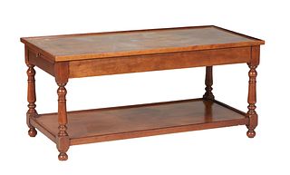 French Carved Walnut Coffee Table, 20th c., the galleried top over two pullout slides, on turned tapered cylindrical and block legs, to a lower galler