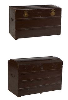 Two French Provincial Polychromed Beech Storage Trunks, 19th c., one with a camelback, the other a flat top example, both with wooden strip reinforcem