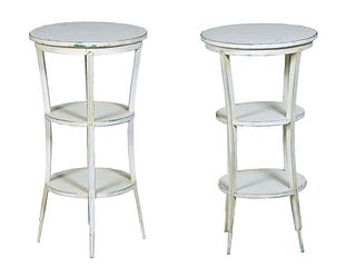 Pair of Polychromed Two Tier Circular Tables, 21st c., the top on four reeded splayed cabriole legs, joined by a center and bottom circular shelf, H.-