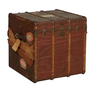 French Carved Beech Travel Trunk, early 20th c., with rounded beech ribs and brass catches, the interior lined in paisley fabric, H.- 24 3/4 in., W.- 