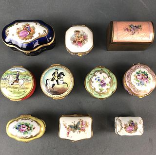 A Group of 10 Porcelain & Metal Pill Boxes