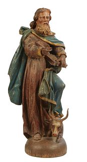 Large Polychromed Carved Wooden Figure, 19th c., of St. Luke, holding a book in his left hand, with a bull lounging at his feet, on an integral domed 