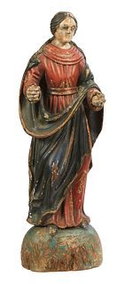 Polychromed Carved Wooden Figure of Saint Nicholas, 19th c., having once had a book in his left hand and a staff in his right, on an integral domed ba
