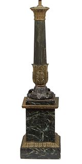 Verde Antico Marble and Brass Columnar Lamp, 20th c., with a tapered reeded support to a stepped marble and brass mounted base, H.- 25 in., W.- 6 3/4 