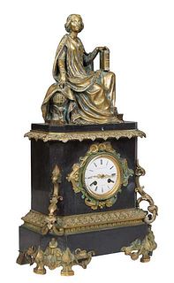 French Bronze and Marble Mantel Clock, late 19th c., with a gilt bronze seated figure of "knowledge" over an enamel dial time and strike clock, painte