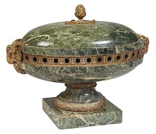 French Verde Antico Marble and Gilt Bronze Centerpiece, early 20th c., of oval form, the top with a gilt bronze artichoke handle over sides with bronz